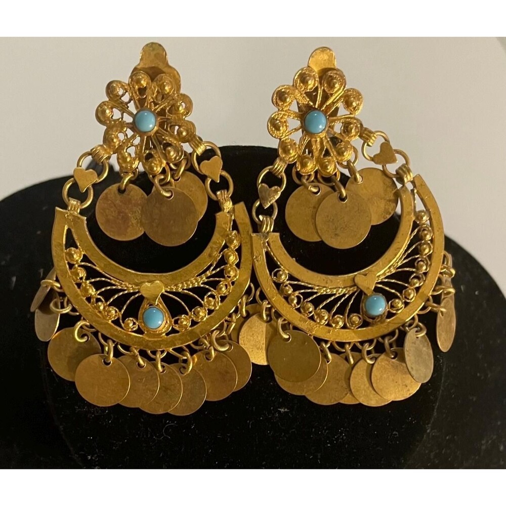 Vintage Gold Tone Turquoise Filigree Coin Dangle Chandelier Clip On Earrings 2.5